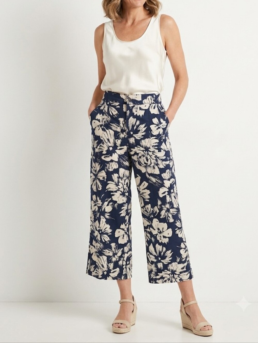 Democracy Navy and White Floral Wide-Leg Capris